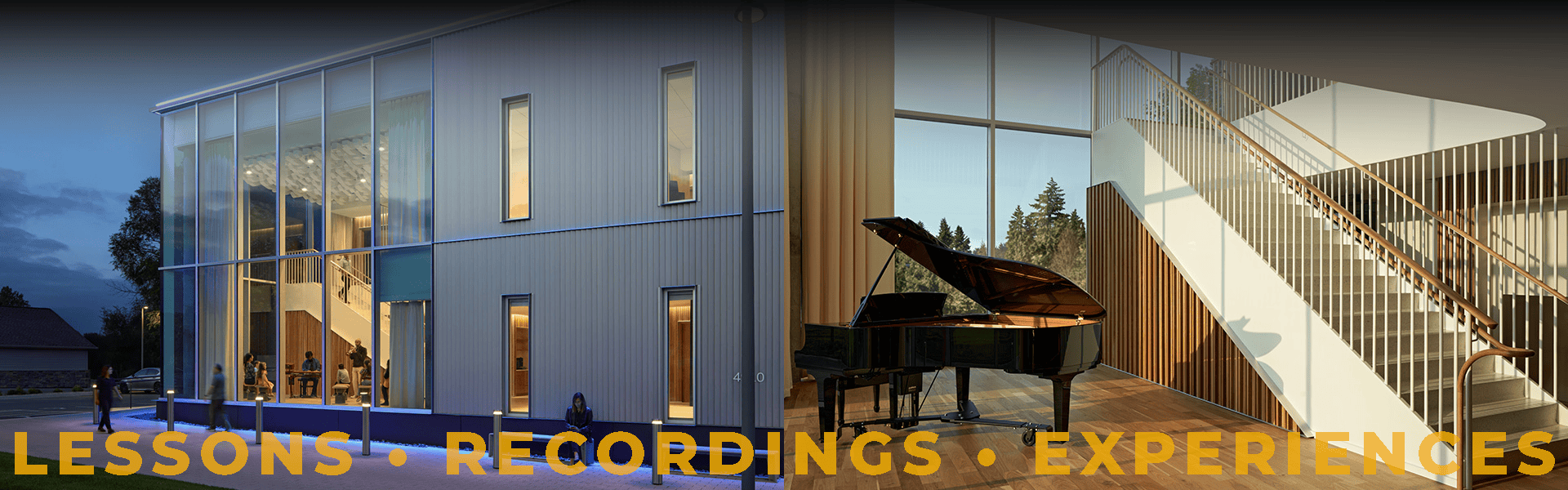 Lessons • Recordings • Experiences — interior and exterior views of MMC WBL music center